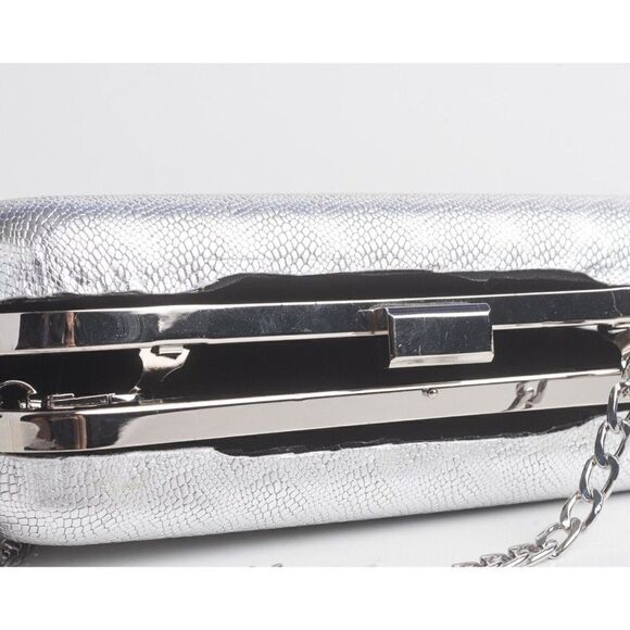 Chiara Boni Women Sliver Sparkle 40 Bianco Chain Leather Gloria Clutch Purse Box - Picture 7 of 8
